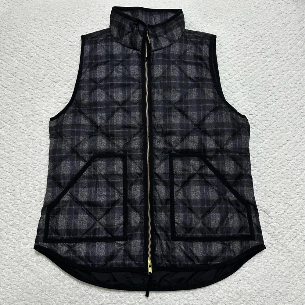 J. Crew Black Gray Plaid Vest Down Filled Medium